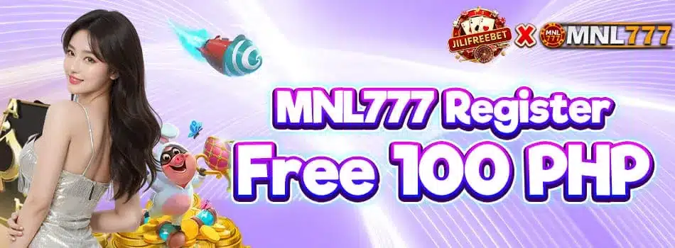 MNL777 Register Free 100 PHP promotional banner with casino chips and game artwork MNL777 Register Free 100 PHP promotional banner with casino chips and game artwork
