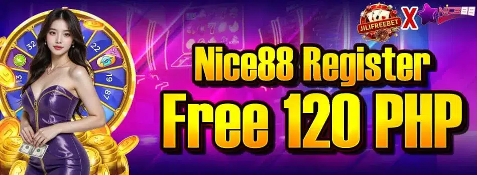 Nice88 Register Free 120 PHP bonus banner with a prize wheel and casino chips Nice88 Register Free 120 PHP bonus banner with a prize wheel and casino chips