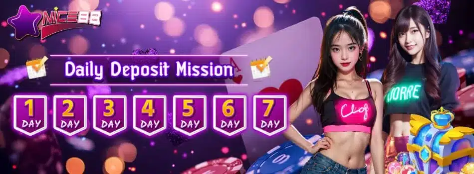 Nice88 Daily Deposit Mission banner showing a seven-day promotion sequence Nice88 Daily Deposit Mission banner showing a seven-day promotion sequence